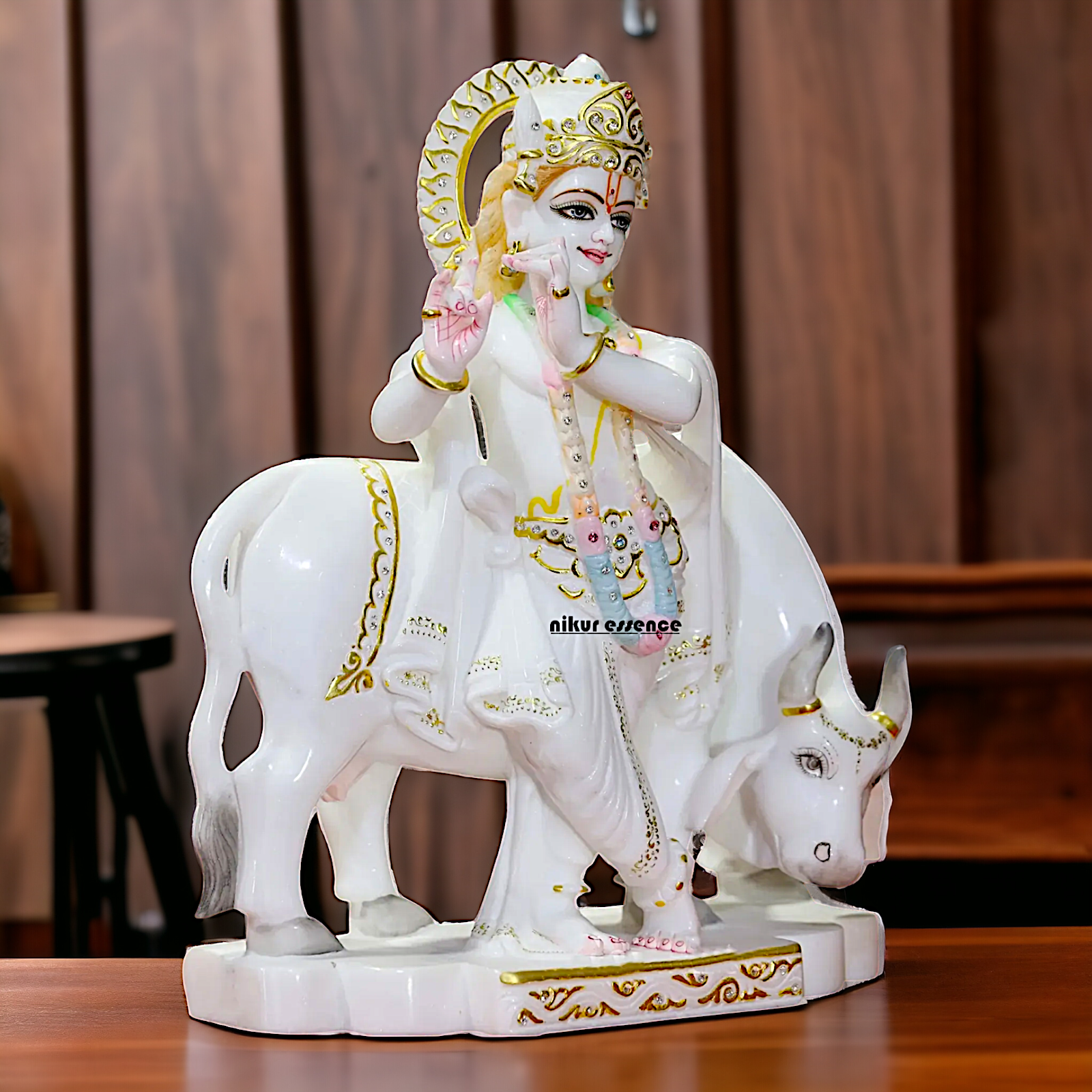 Marble Krishna Standing with Cow idol - 18 inches