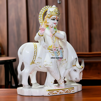 Marble Krishna Standing with Cow idol - 18 inches