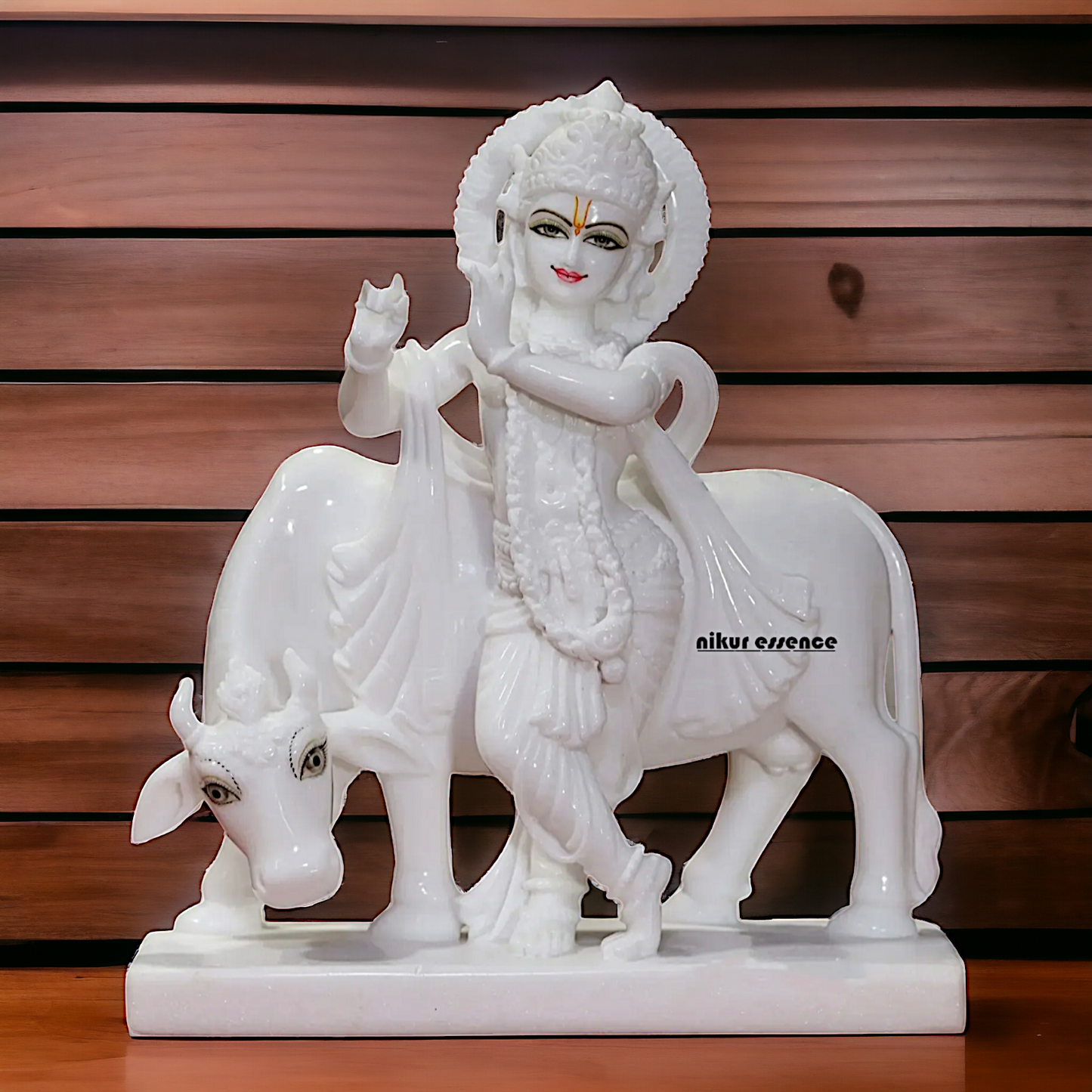 Marble Krishna Playing Flute with Cow idol - 15 inches