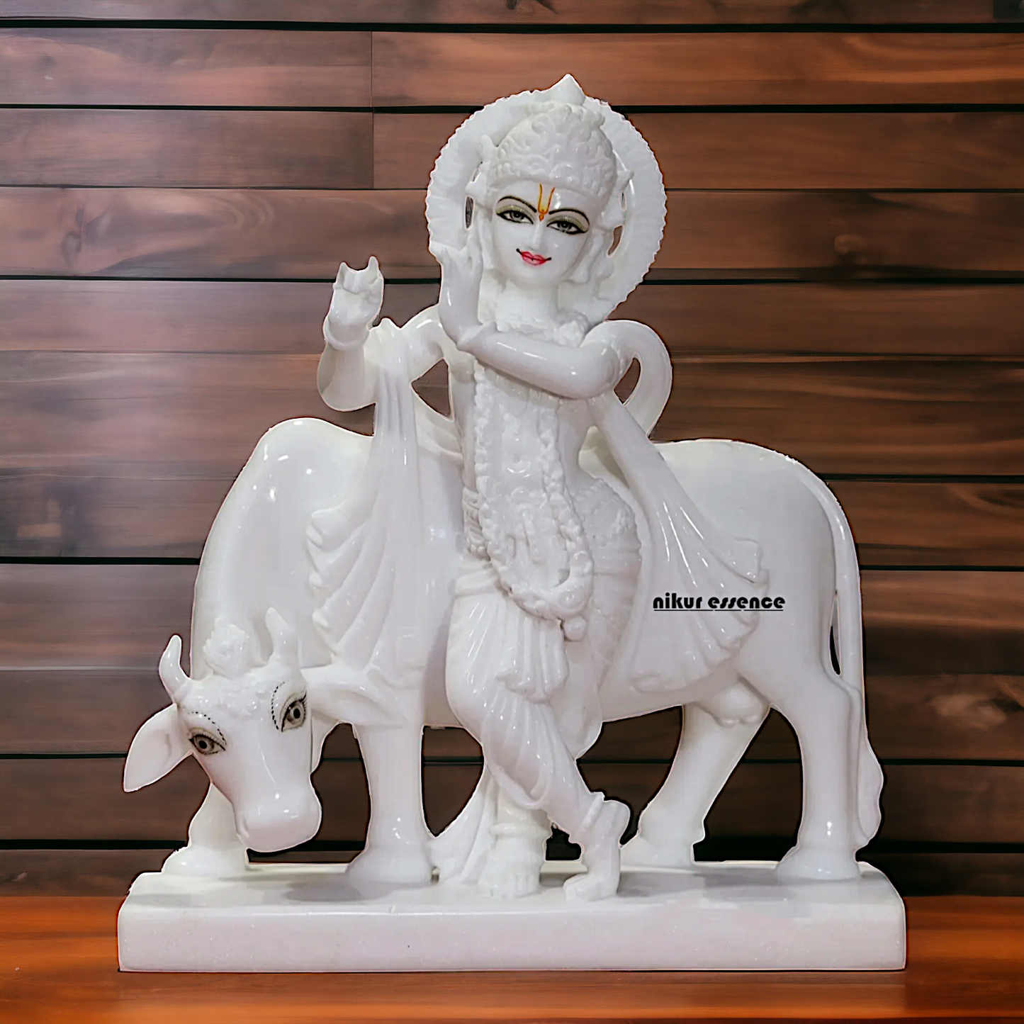 Marble Krishna Playing Flute with Cow idol - 15 inches