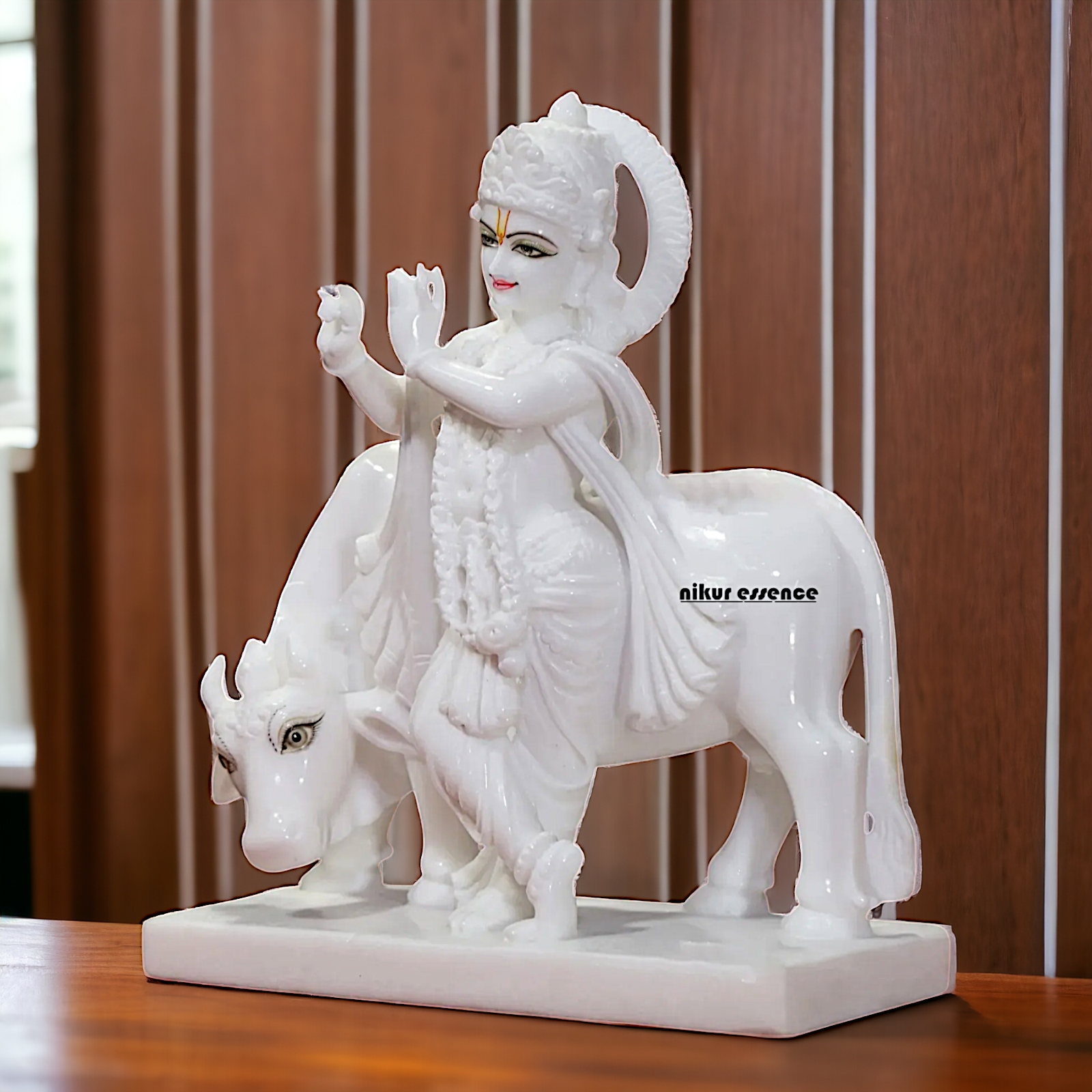 Marble Krishna Playing Flute with Cow idol - 15 inches