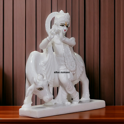 Marble Krishna Playing Flute with Cow idol - 15 inches