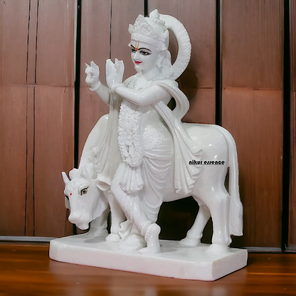 Krishna Gopal Flute with Cow marble idol - 15 inches