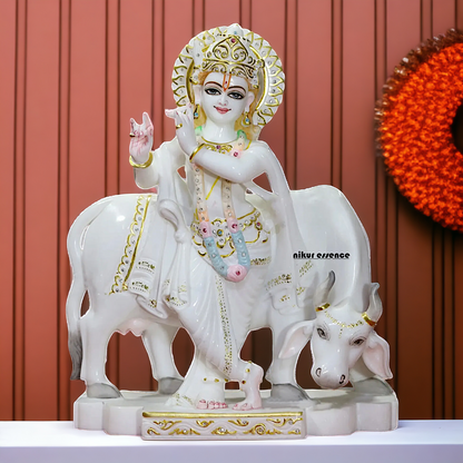 Marble Krishna Standing with Cow idol - 18 inches