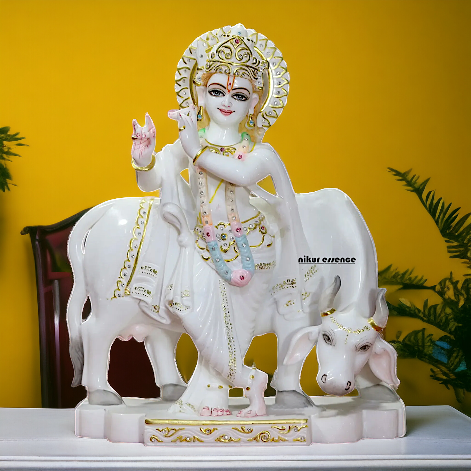 Marble Krishna Standing with Cow idol - 18 inches