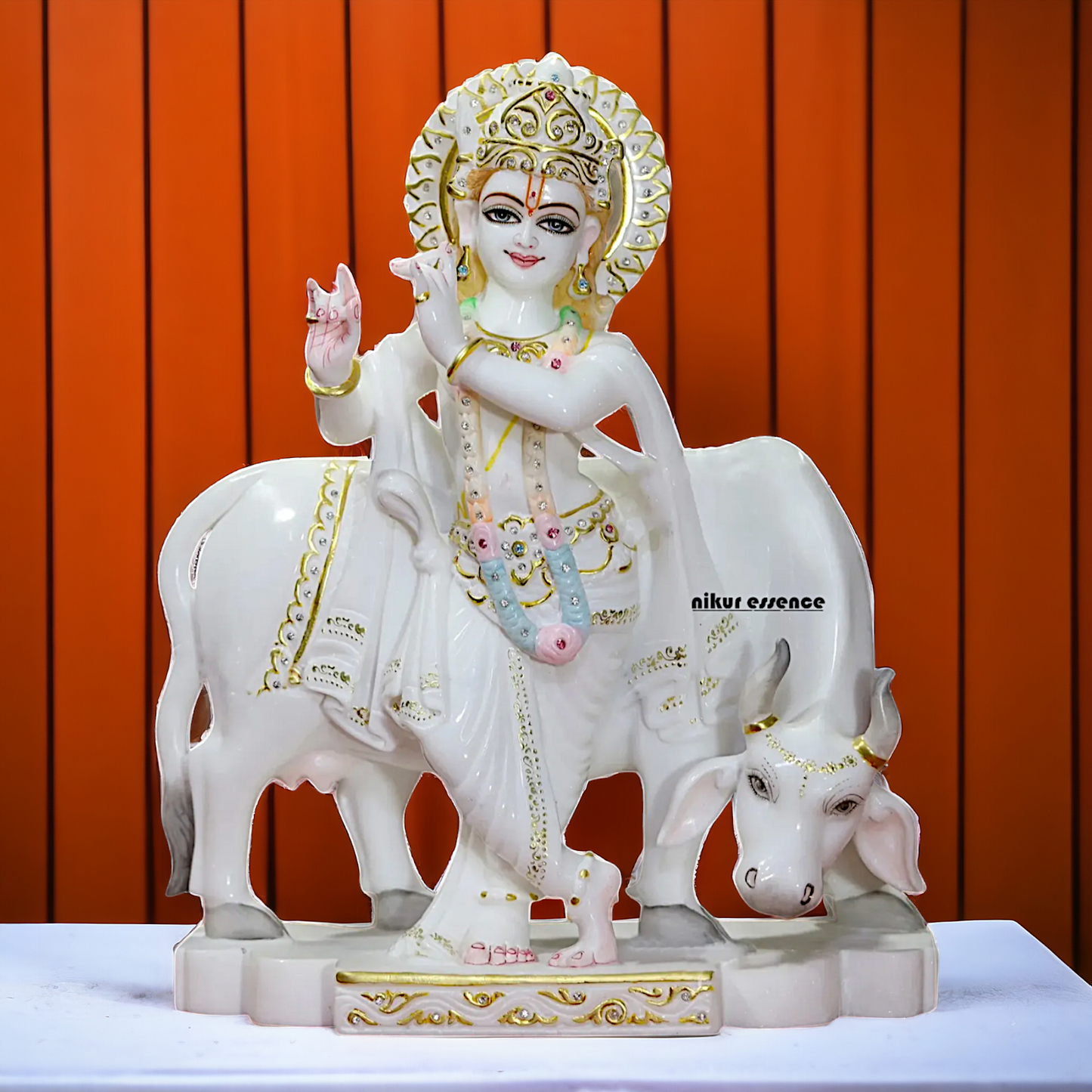 Marble Krishna Standing with Cow idol - 18 inches