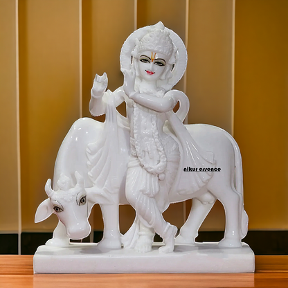 Marble Krishna Playing Flute with Cow idol - 15 inches