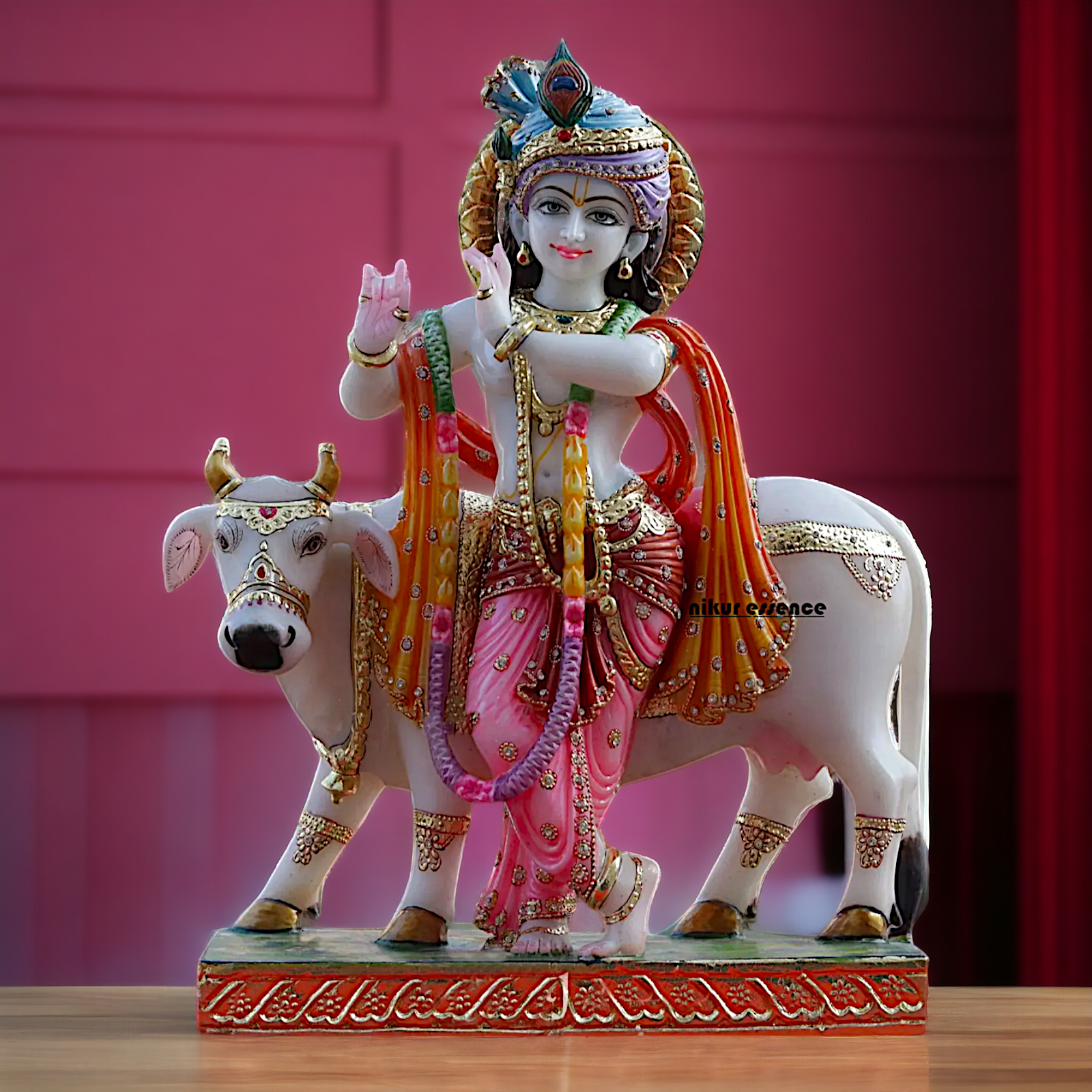 krishna Standing Playing Flute with cow Marble idol - 24 inches