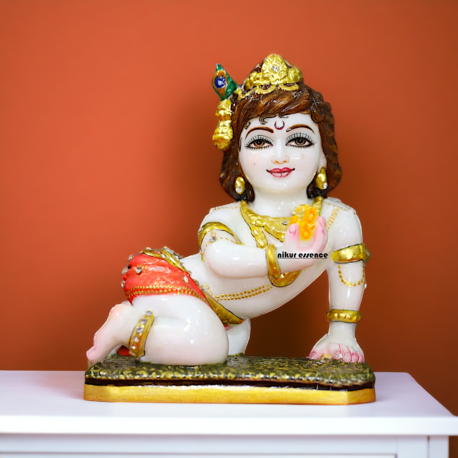 Bal Krishna laddoo Gopal with Laddoo eat Marble idol - 8 inches