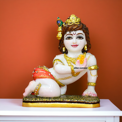 Bal Krishna laddoo Gopal with Laddoo eat Marble idol - 8 inches