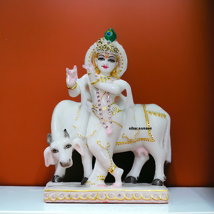 Marble Krishna with Cow statue - 8 inches