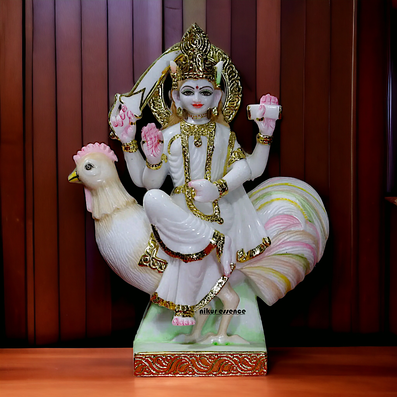 Marble Bahu Charani seated on cock statue - 18 inches