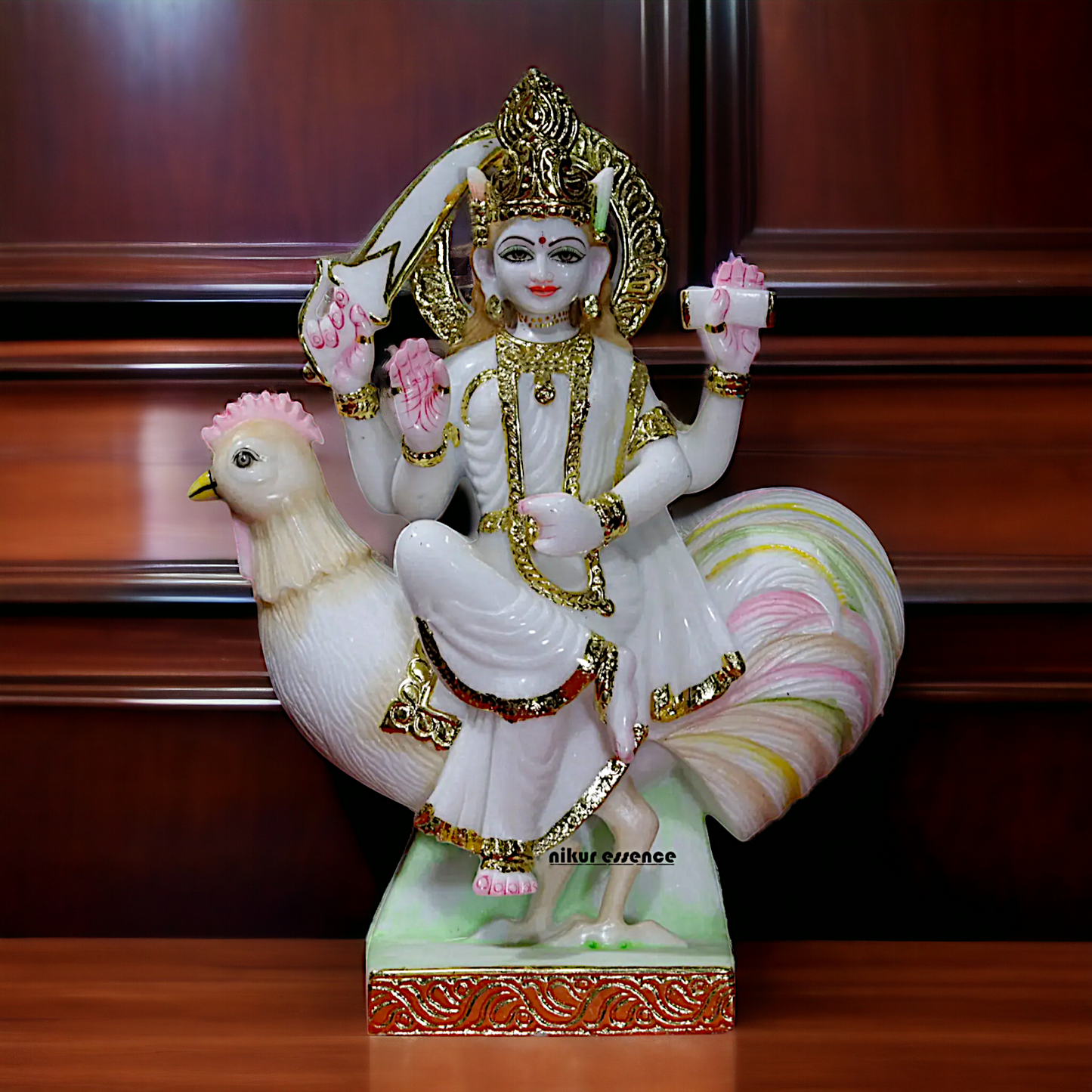 Marble Bahu Charani seated on cock statue - 18 inches