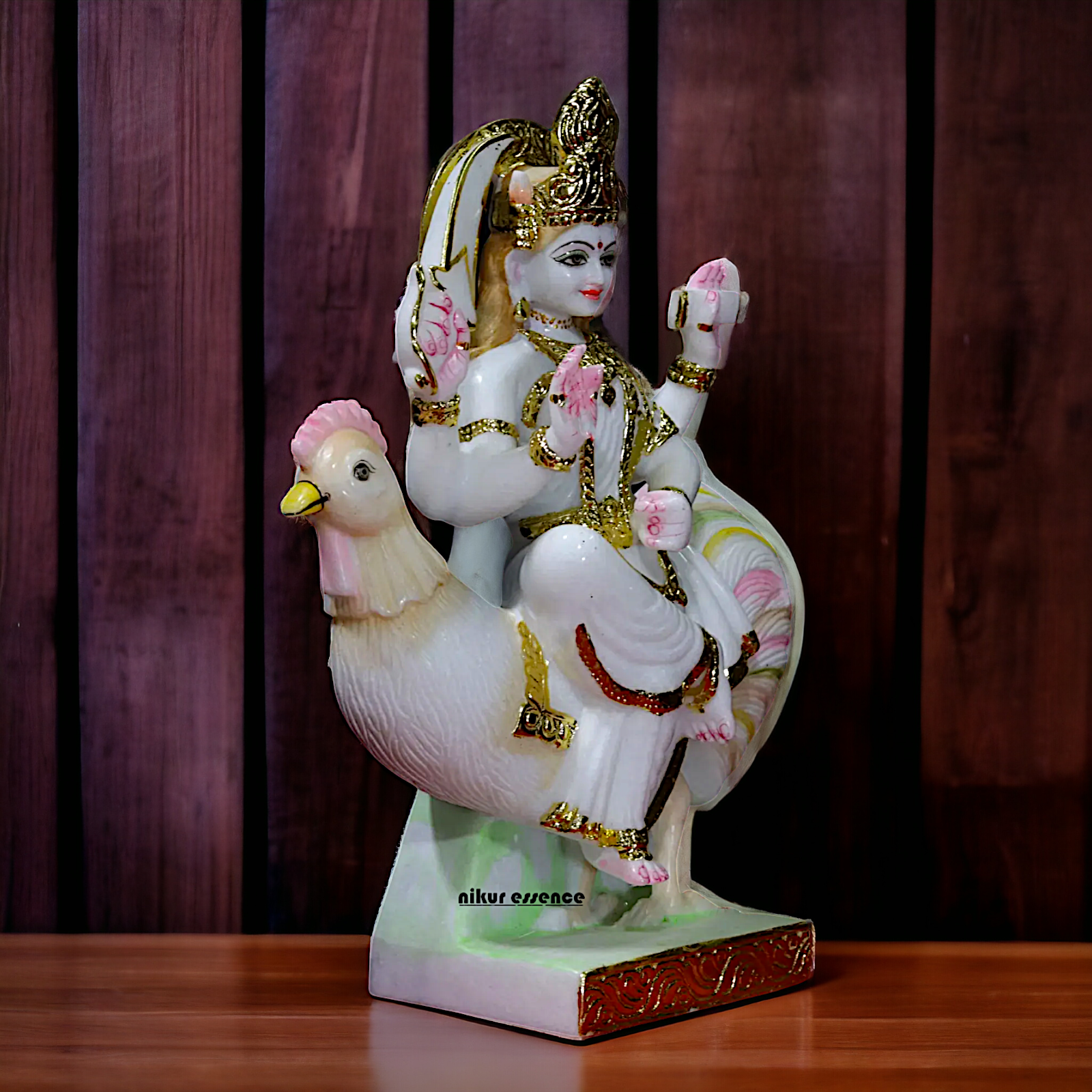 Marble Bahu Charani seated on cock statue - 18 inches