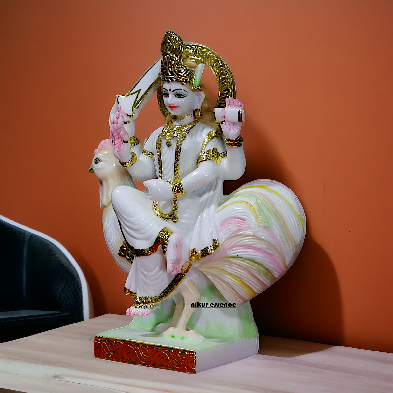 Marble Bahu Charani seated on cock statue - 18 inches