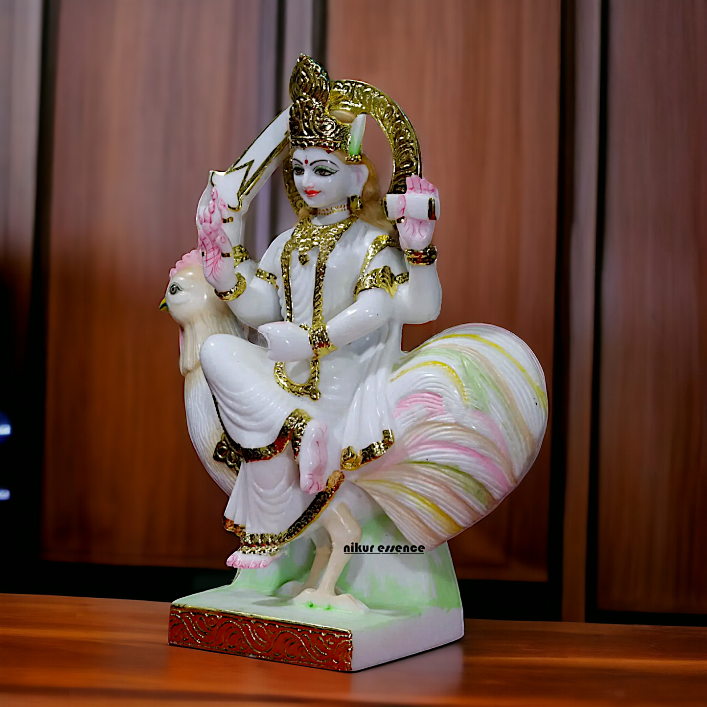 Marble Bahu Charani seated on cock statue - 18 inches