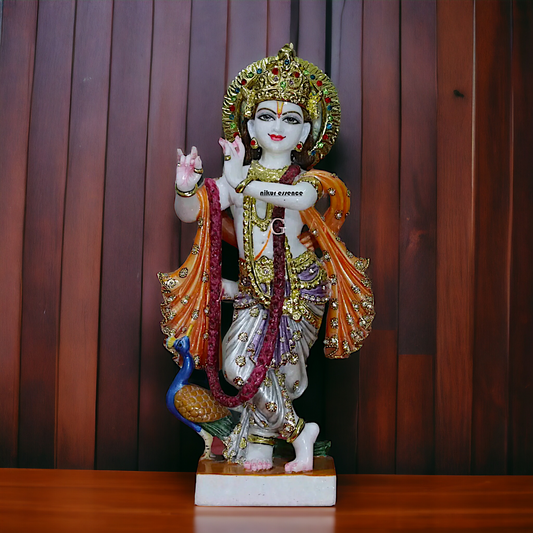 Krishna Murli Playing Flute with peacock idol - 18 inches