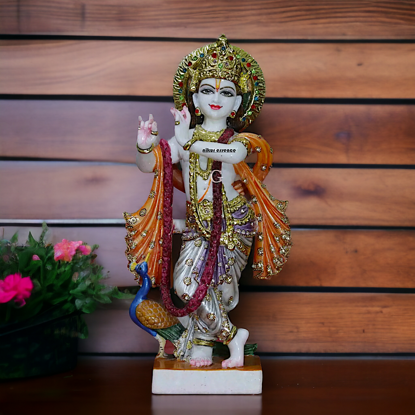 Krishna Murli Playing Flute with peacock idol - 18 inches