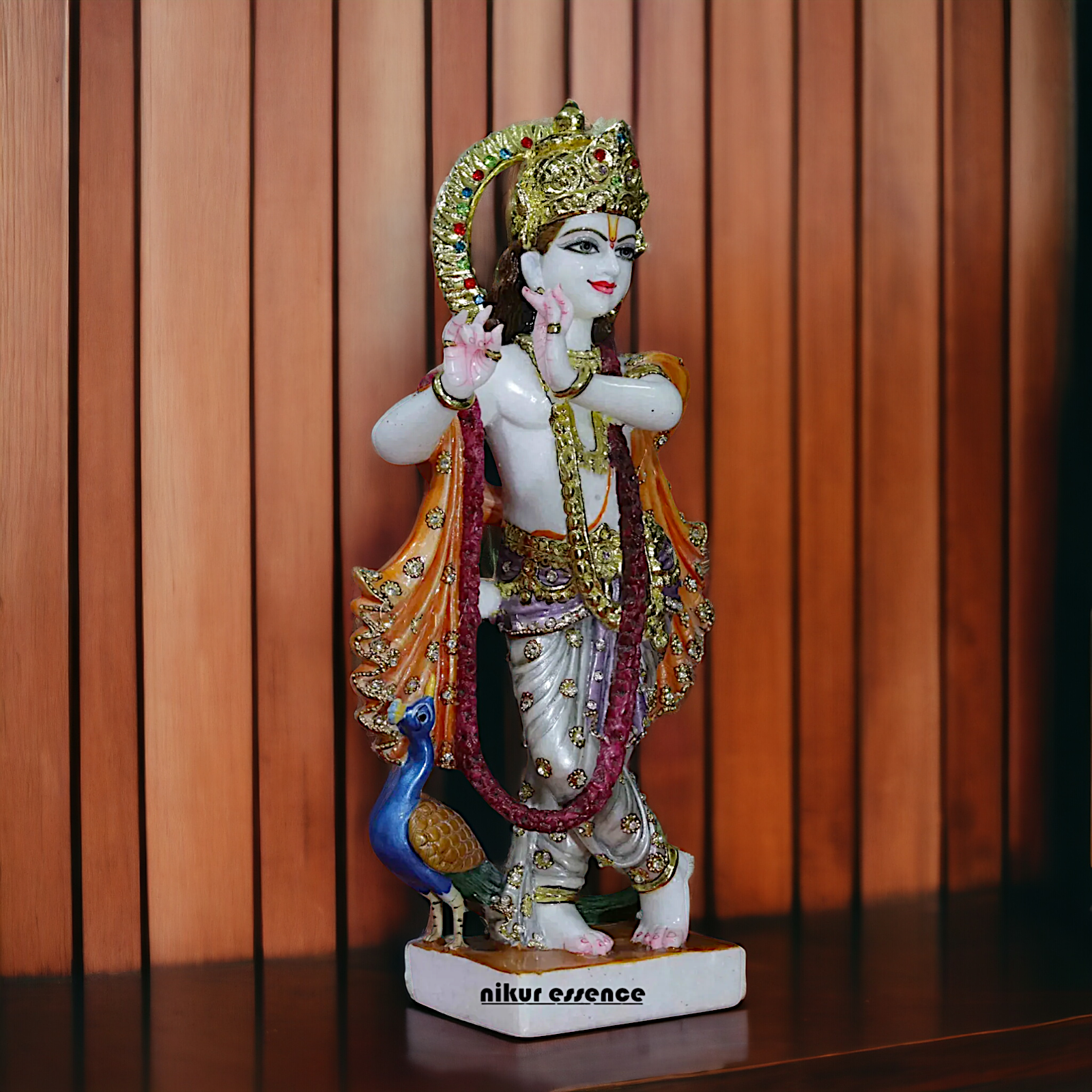 Krishna Murli Playing Flute with peacock idol - 18 inches