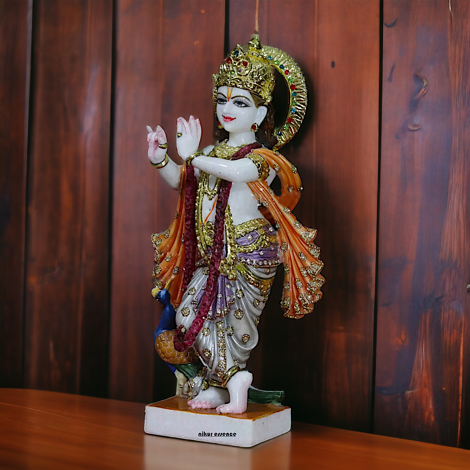 Krishna Murli Playing Flute with peacock idol - 18 inches