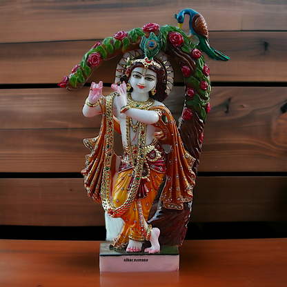 Krishna Playing Flute with Tree and Peacock Marble statue - 21 inches