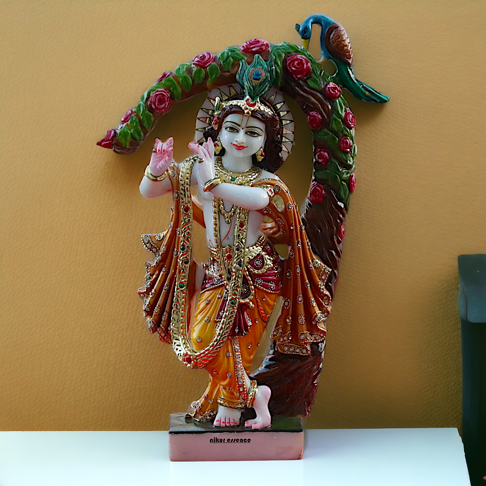 Krishna Playing Flute with Tree and Peacock Marble statue - 21 inches