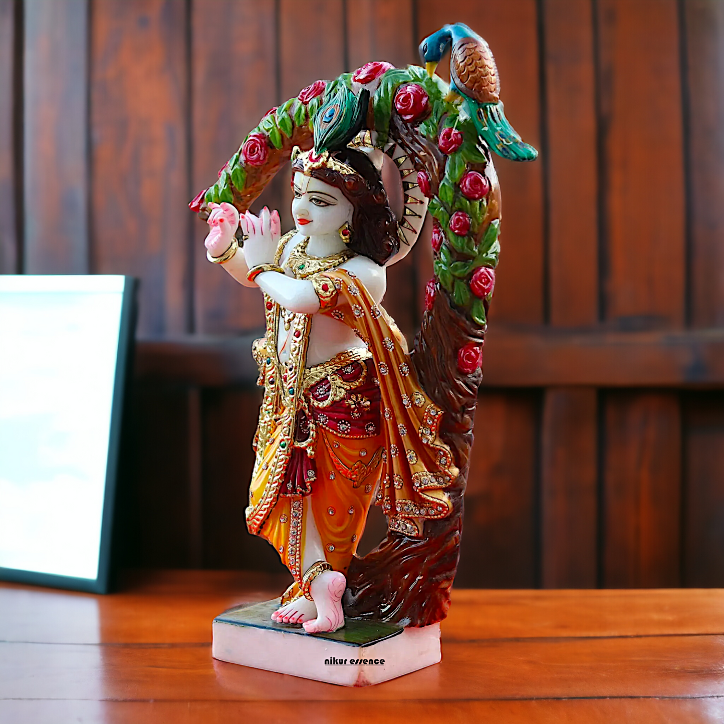 Krishna Playing Flute with Tree and Peacock Marble statue - 21 inches