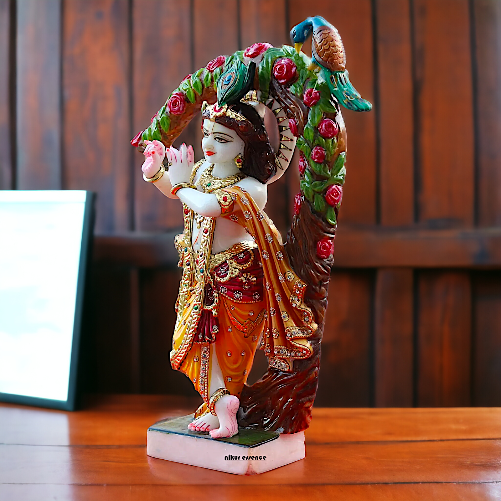 Krishna Playing Flute with Tree and Peacock Marble statue - 21 inches