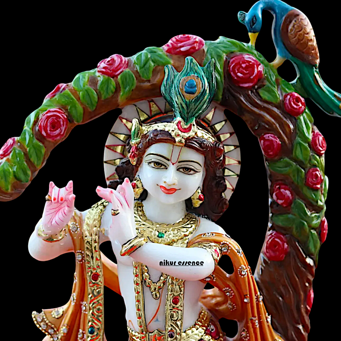 Krishna Playing Flute with Tree and Peacock Marble statue - 21 inches