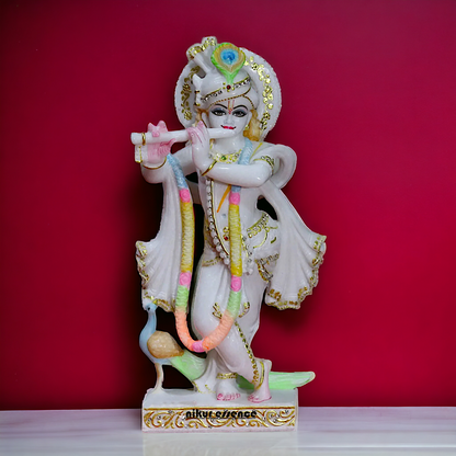 Krishna Govinda Playing Flute with peacock Marble statue - 15 inches