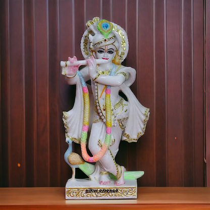 Krishna Govinda Playing Flute with peacock Marble statue - 15 inches