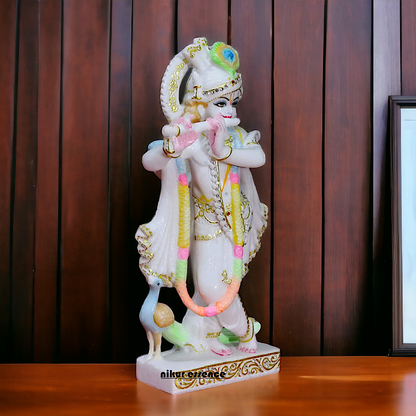 Krishna Govinda Playing Flute with peacock Marble statue - 15 inches