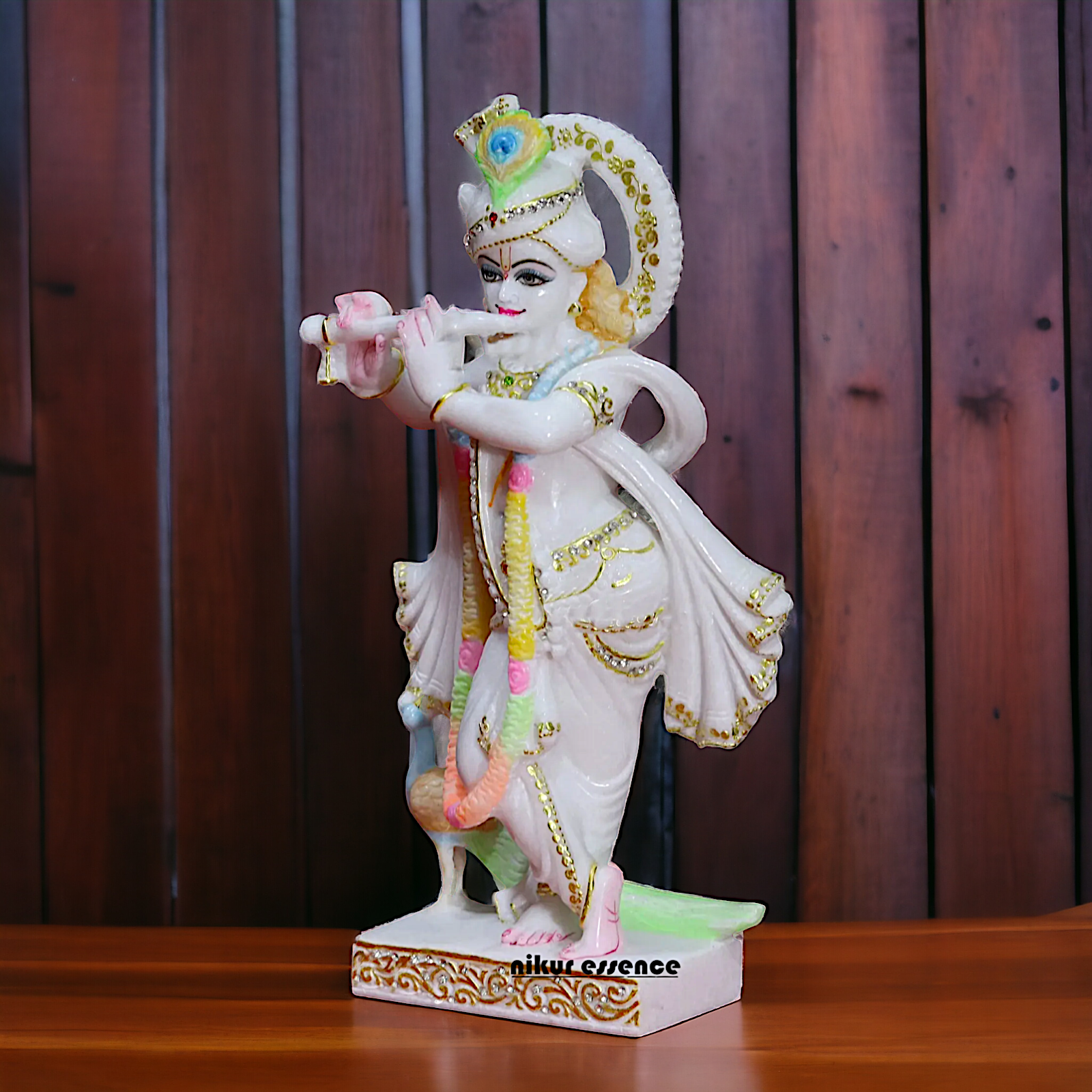 Krishna Govinda Playing Flute with peacock Marble statue - 15 inches