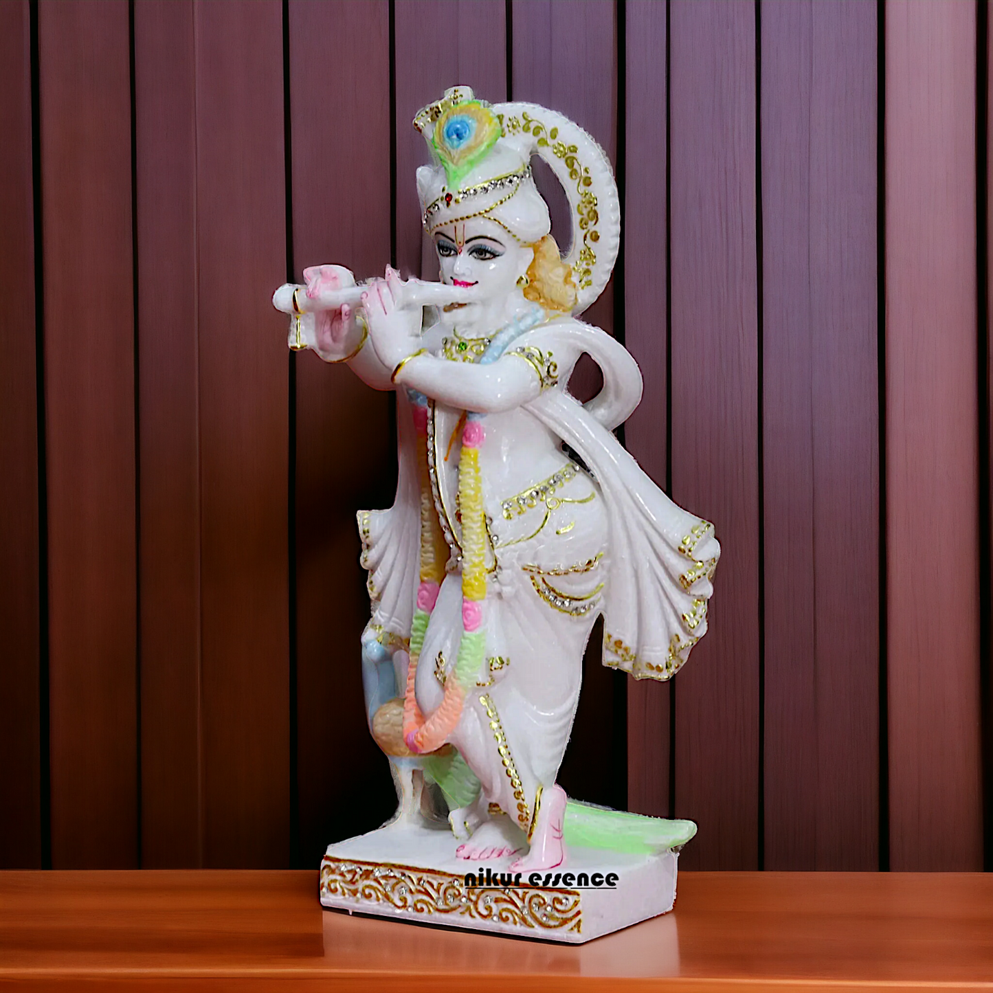 Krishna Govinda Playing Flute with peacock Marble statue - 15 inches