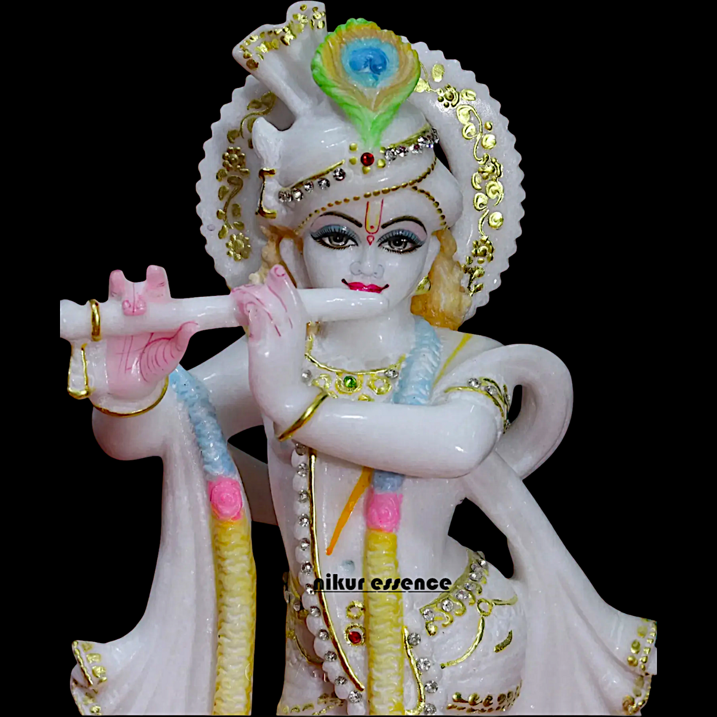 Krishna Govinda Playing Flute with peacock Marble statue - 15 inches