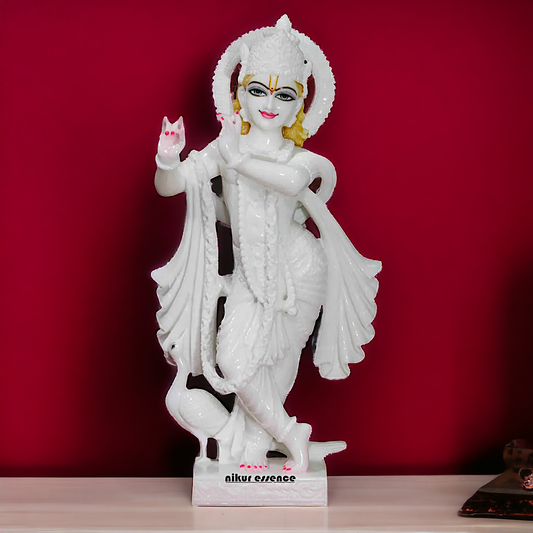 Krishna Playing Flute White Marble statue - 2 Feet