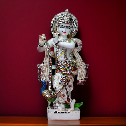 Krishna Standing with peacock Marble idol - 18 inches