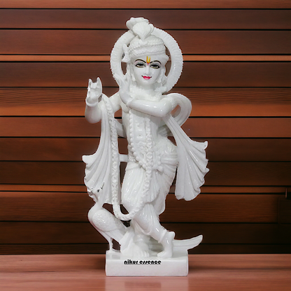 White Marble Krishna Standing with Peacock Idol - 18 Inches