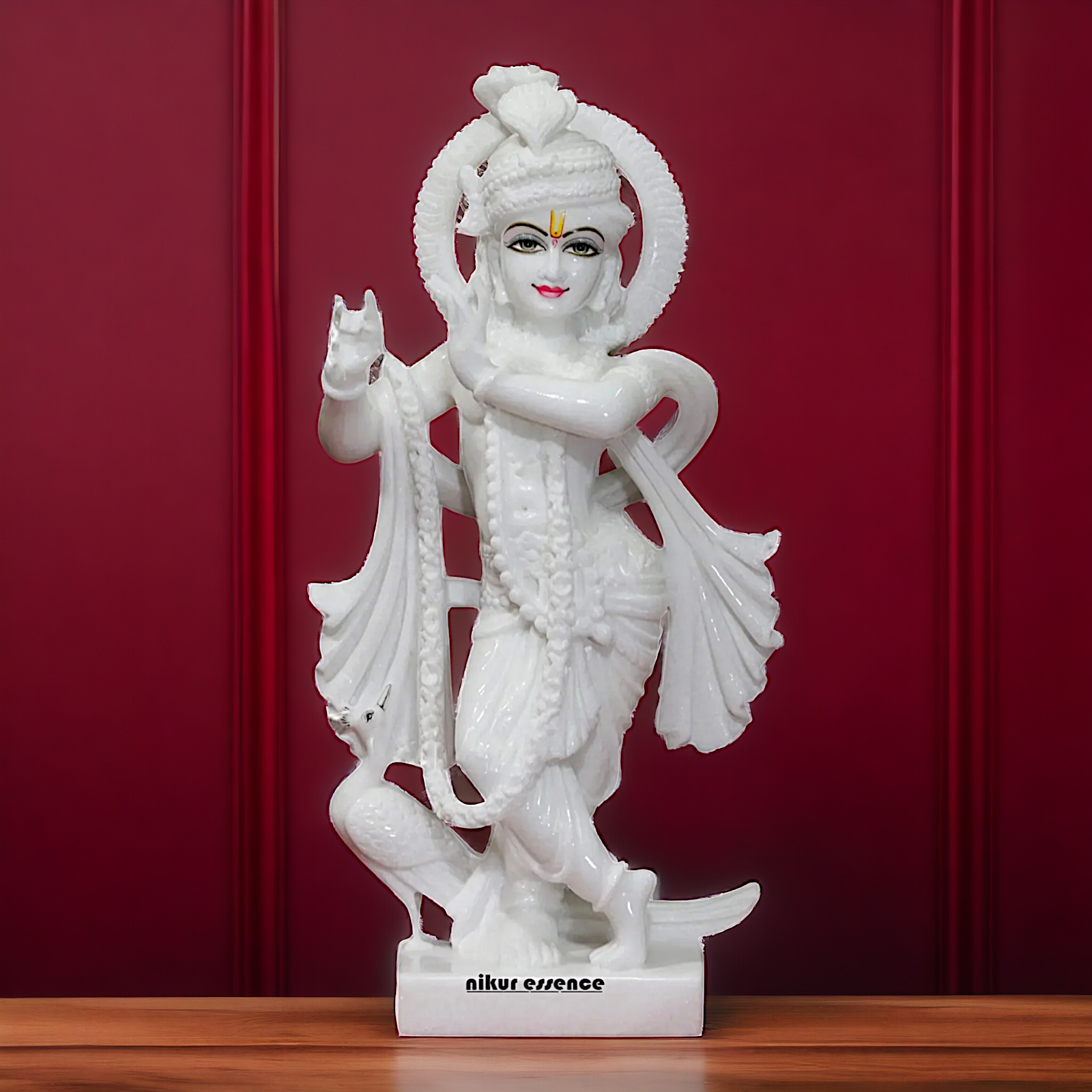 White Marble Krishna Standing with Peacock Idol - 18 Inches