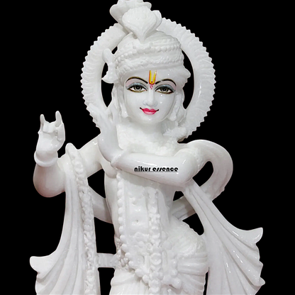 White Marble Krishna Standing with Peacock Idol - 18 Inches