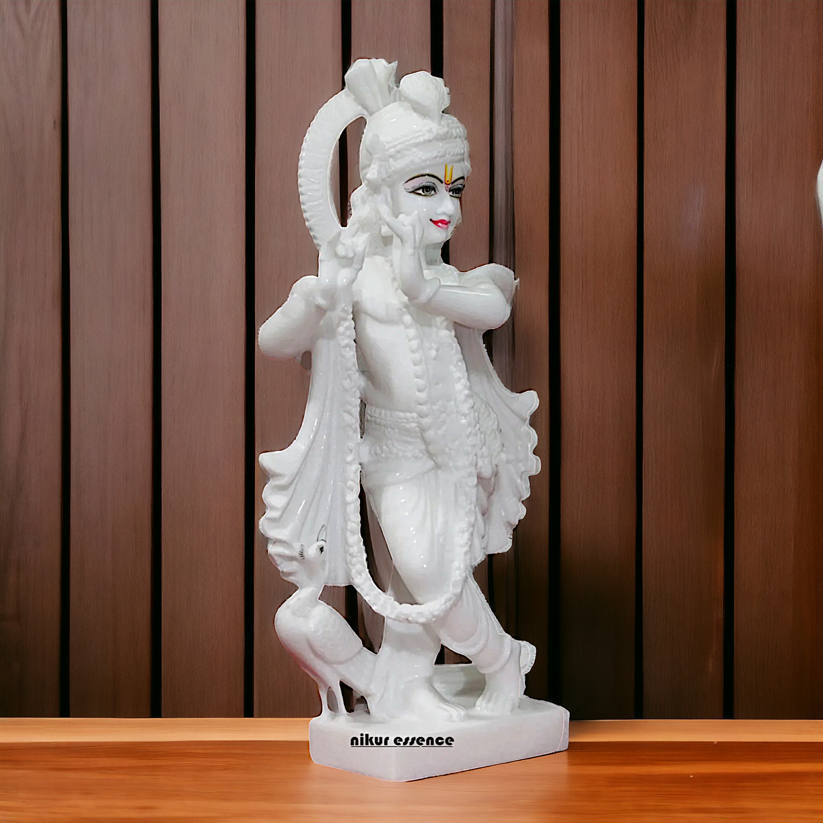 White Marble Krishna Standing with Peacock Idol - 18 Inches