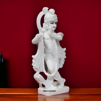 White Marble Krishna Standing with Peacock Idol - 18 Inches