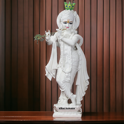 Krishna with peacock white marble Large idol - 51 inches