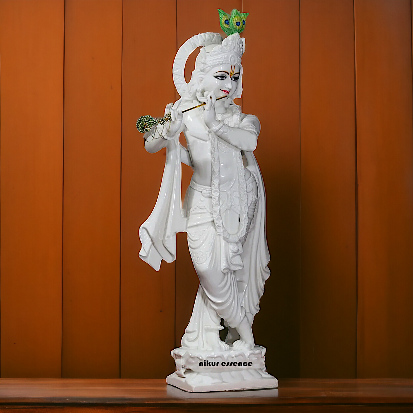 Krishna with peacock white marble Large idol - 51 inches