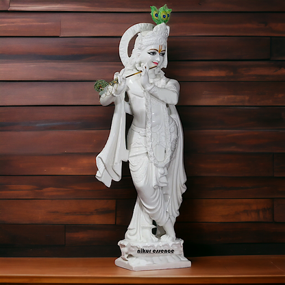 Krishna with peacock white marble Large idol - 51 inches