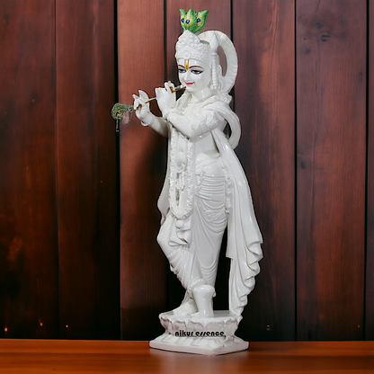 Krishna with peacock white marble Large idol - 51 inches