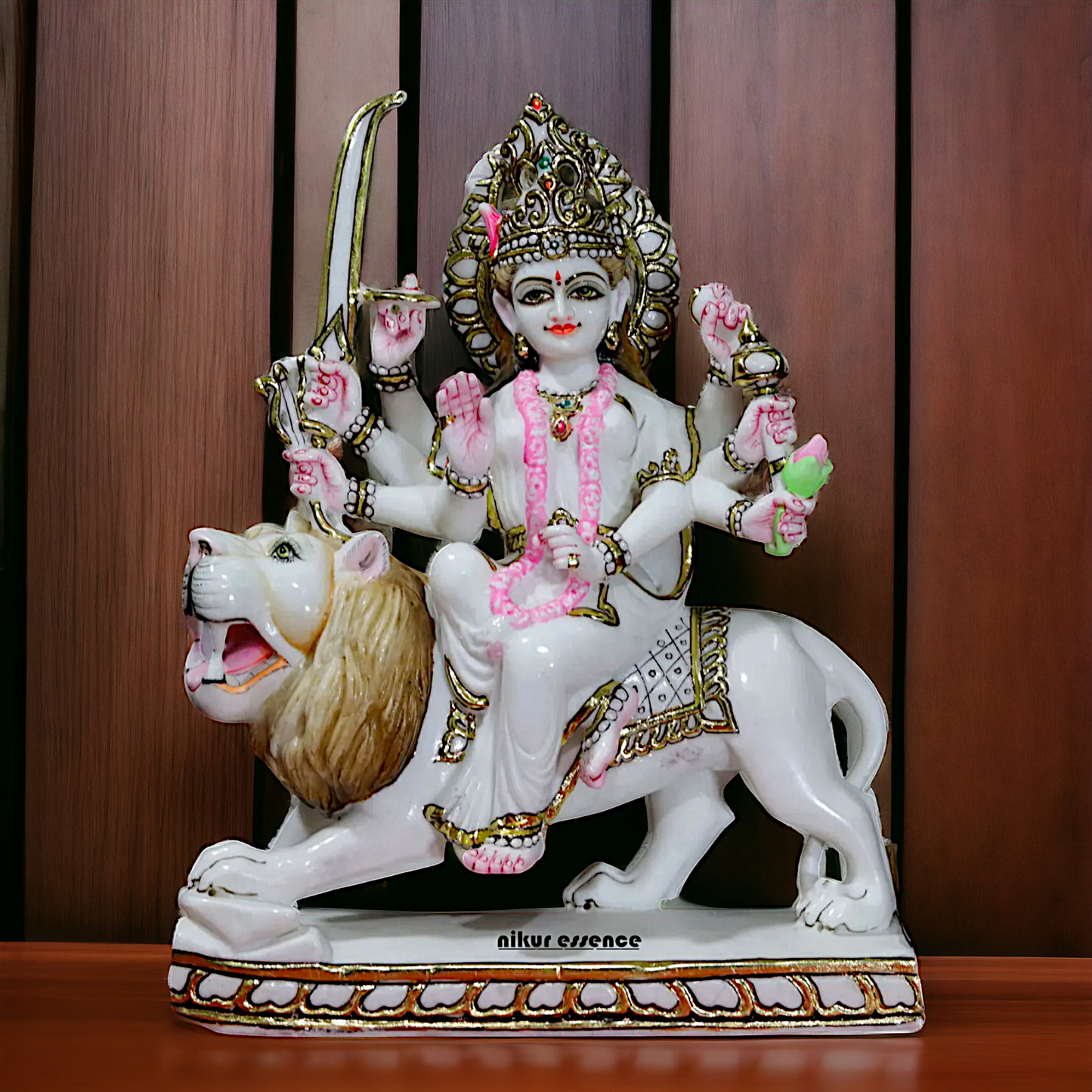 Marble Durga Mata seated on lion idol - 18 inches