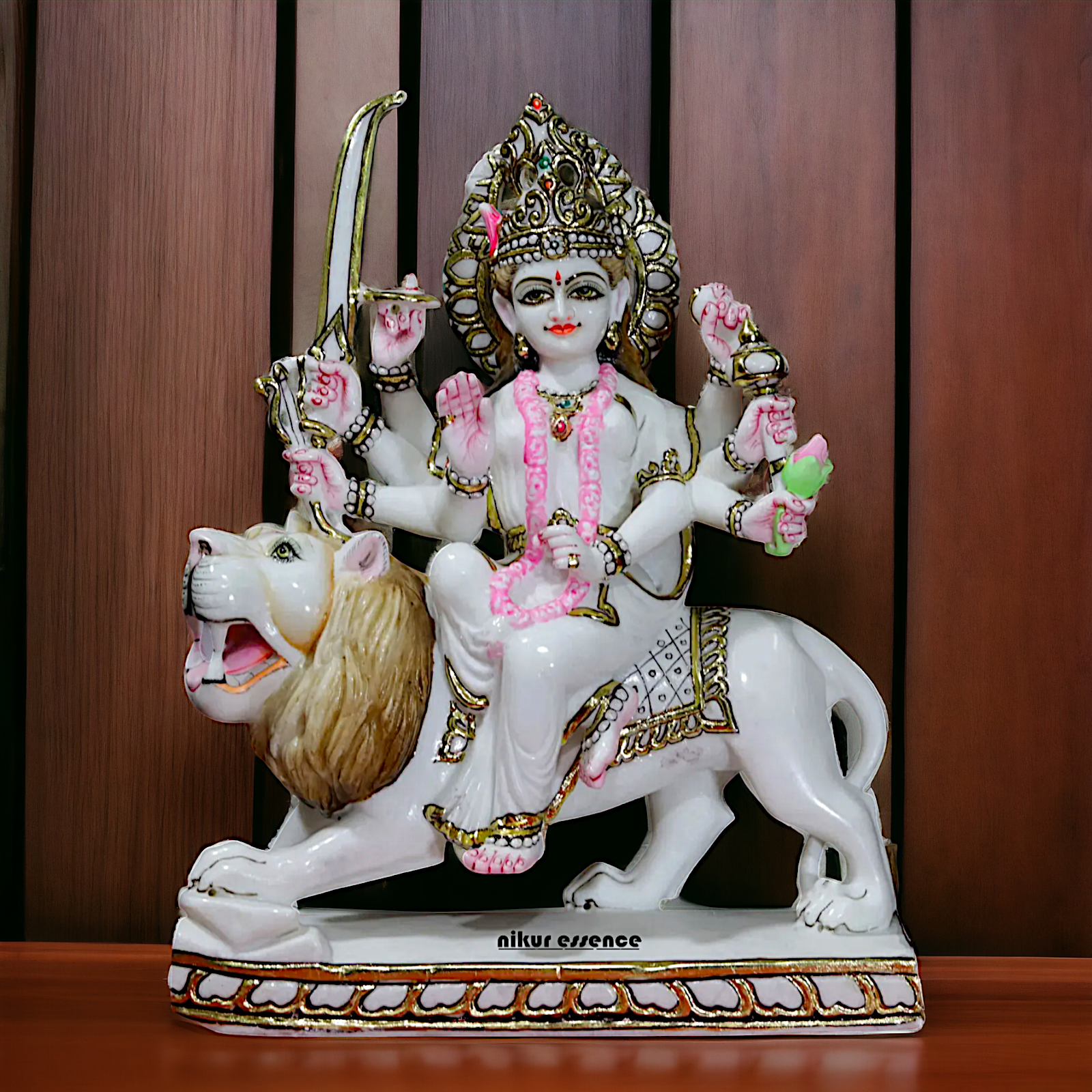 Marble Durga Mata seated on lion idol - 18 inches