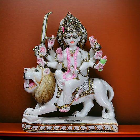 Marble Durga Mata seated on lion idol - 18 inches