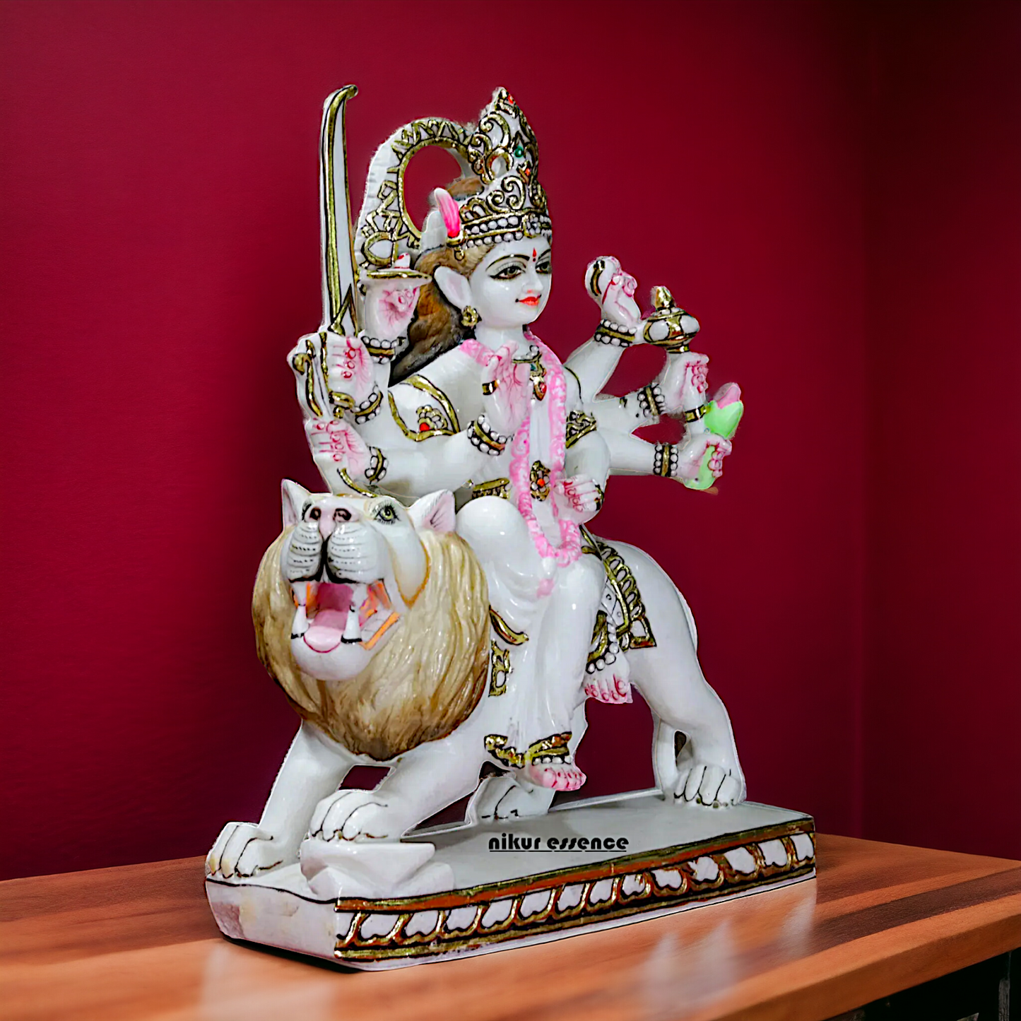 Marble Durga Mata seated on lion idol - 18 inches